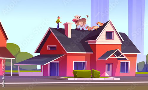 Cute funny scene with teen boy, cow and little calves standing on roof of red suburban house on summer or spring day. Cartoon vector illustration of humor landscape with farm animals and child.