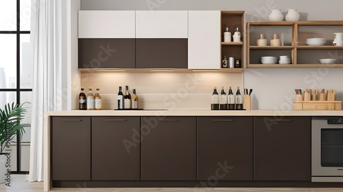 Home kitchen interior with bar counter, cabinet and window.