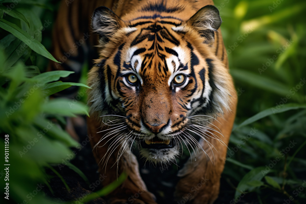 Close up of wild tiger walking through jungle Close up of wild tiger walking through jungle