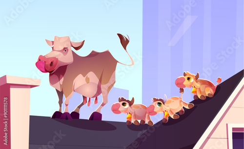 Cute funny scene with cow and little calves standing on roof of red suburban house on summer or spring day. Cartoon vector illustration of humor landscape with farm animals