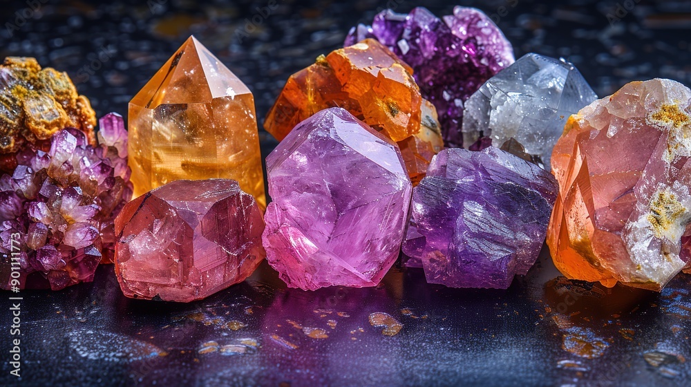 Display of Various Natural Gemstones, Including Sapphire and Amethyst, on a Shiny Black Background Display of Various Natural Gemstones, Including Sapphire and Amethyst, on a Shiny Black Background