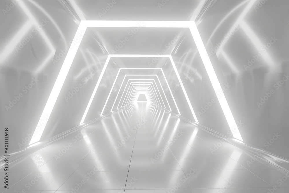 Naklejka premium A white corridor with glowing lights and a reflective floor