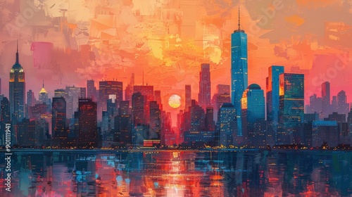 Vibrant Sunset Over New York City Skyline Reflected in Calm Waters. Generative AI