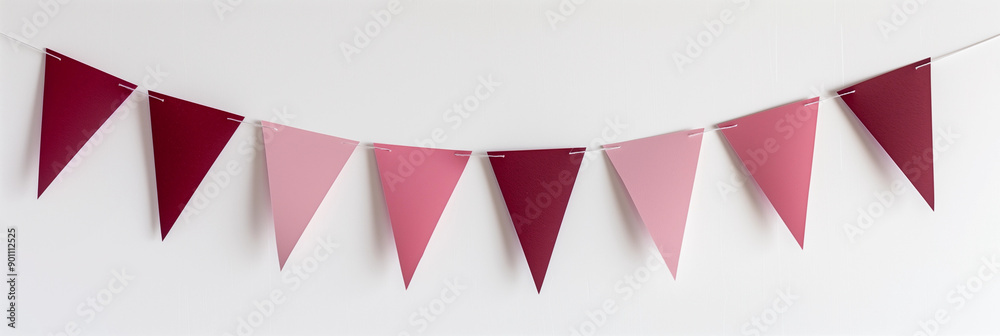Fototapeta premium Pink burgandy red ombre pennant banner minimalist decoration event celebration garland triangle flags bunting wedding birthday baby shower valentines festive indoor decor white background mockup