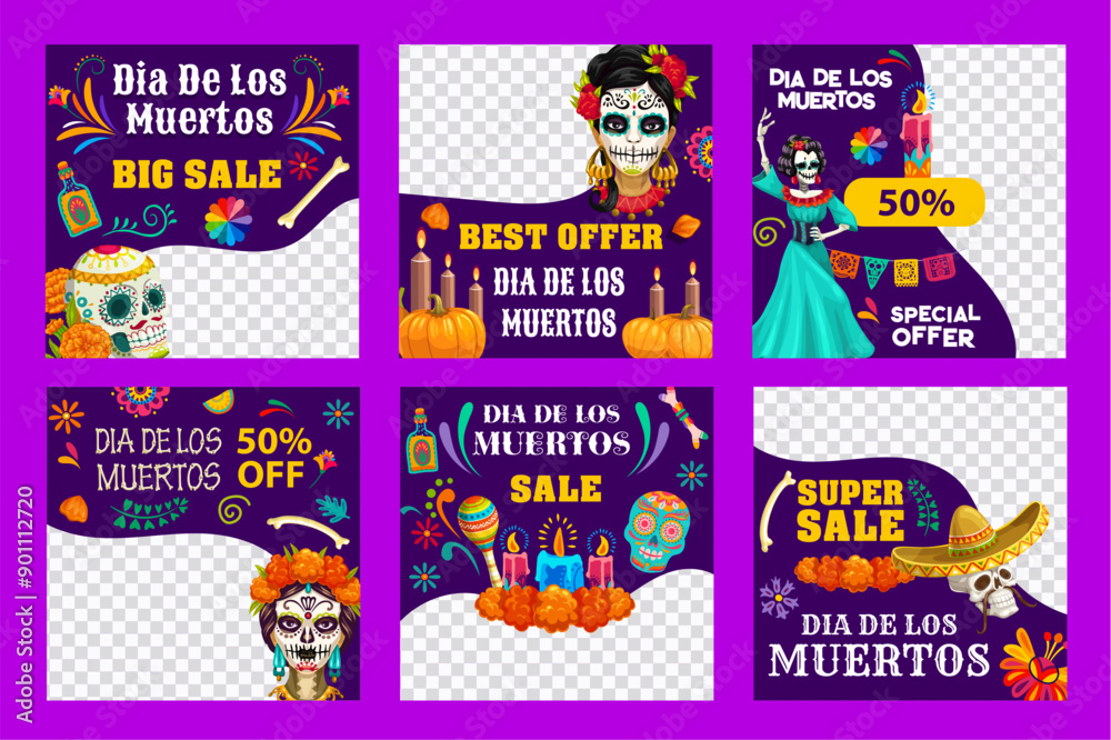 Day of the Dead Dia De Los Muertos mexican holiday big sale and special offer banners templates. Vector Mexico Halloween skulls, marigolds, candles, sombrero, tequila, maracas and papel picado flags Day of the Dead Dia De Los Muertos mexican holiday big sale and special offer banners templates. Vector Mexico Halloween skulls, marigolds, candles, sombrero, tequila, maracas and papel picado flags