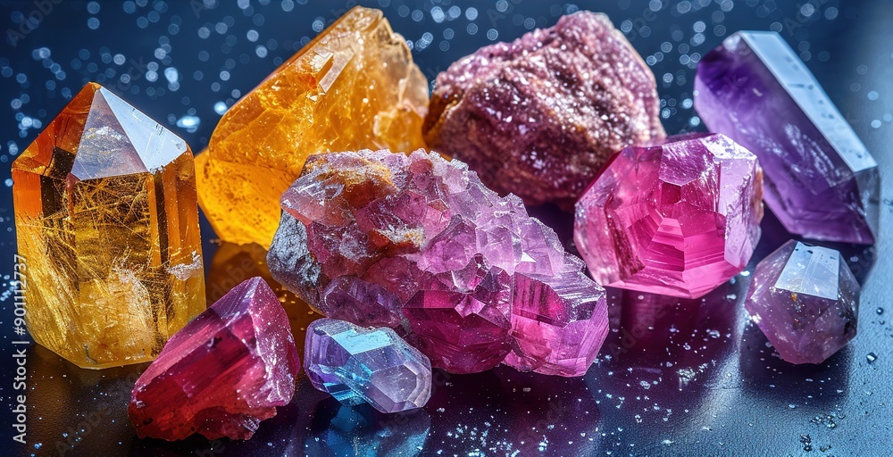 Display of Various Natural Gemstones, Including Sapphire and Amethyst, on a Shiny Black Background Display of Various Natural Gemstones, Including Sapphire and Amethyst, on a Shiny Black Background