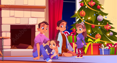 Upset children sitting on floor near fireplace with wood logs in living room interior with decorated Christmas tree and gift boxes. Cartoon vector illustration of saddened and supporting kids.