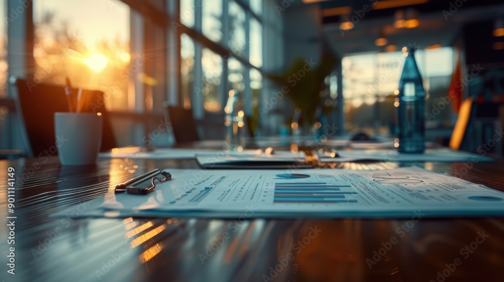 An empty conference room with financial documents on the table, illuminated by the warm glow of a sunset, creating a serene atmosphere. An empty conference room with financial documents on the table, illuminated by the warm glow of a sunset, creating a serene atmosphere.