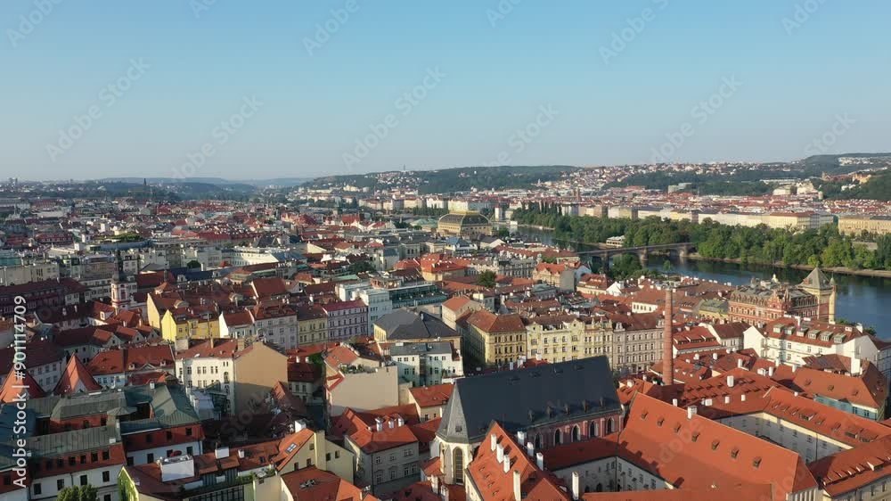 Aerial view of the historical center of Prague and the Vltava river in the morning on a clear sunny summer day Aerial view of the historical center of Prague and the Vltava river in the morning on a clear sunny summer day
