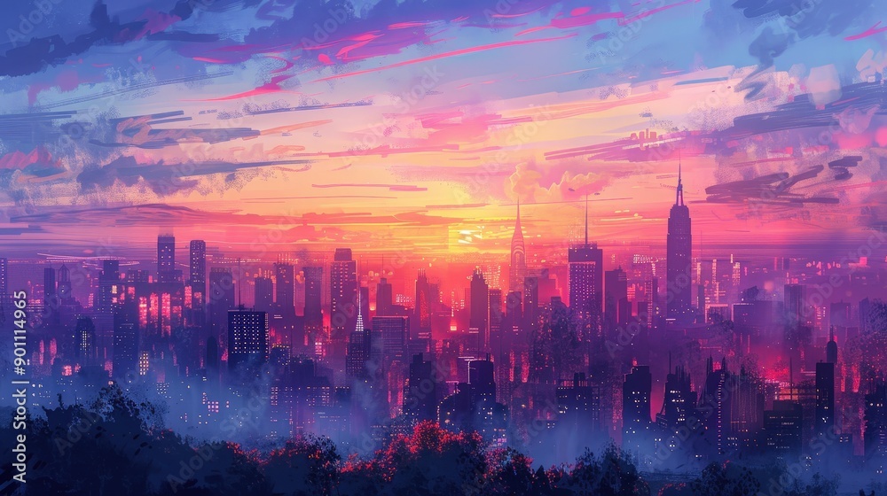 Obraz premium Vibrant Sunset Over New York City Skyline With Colorful Clouds and Urban Buildings. Generative AI