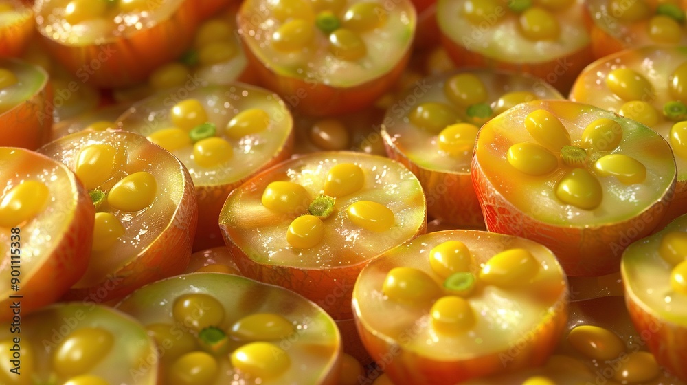 A close-up of oranges halved with visible yellow seeds A close-up of oranges halved with visible yellow seeds