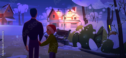 Back view on man and teenager boy in Christmas hat holding with hands and walking in park on cold winter snowy suburban street at evening or night. Cartoon vector illustration of city landscape.