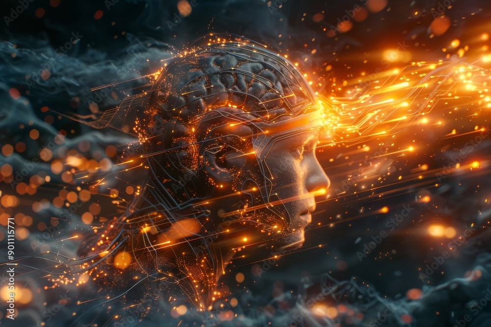 Digital Fiery Human Head with Glowing Orange Neural Network in Futuristic Setting Digital Fiery Human Head with Glowing Orange Neural Network in Futuristic Setting
