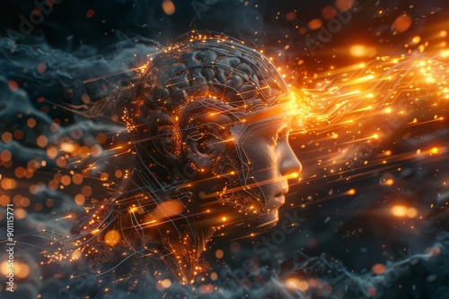 Digital Fiery Human Head with Glowing Orange Neural Network in Futuristic Setting © Leo