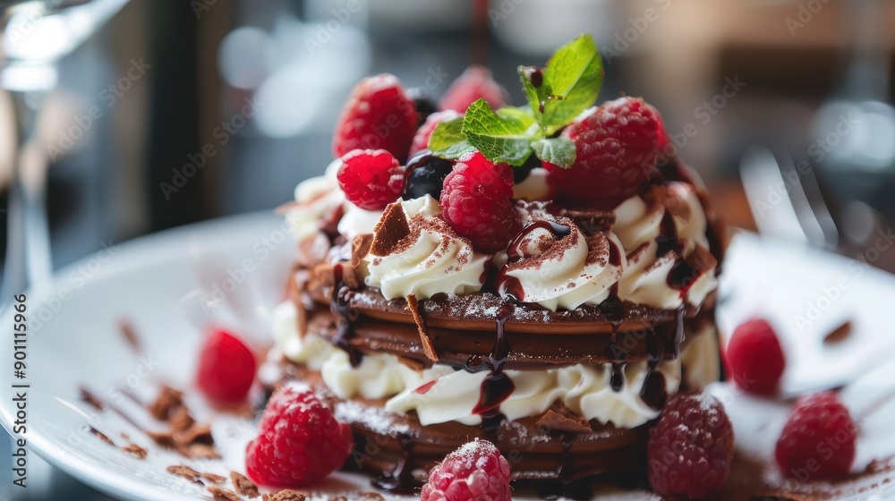 Chocolate dessert with layers of whipped cream and fresh raspberries is being topped with a drizzle of chocolate sauce. The dessert sits on a white plate and is garnished with mint Chocolate dessert with layers of whipped cream and fresh raspberries is being topped with a drizzle of chocolate sauce. The dessert sits on a white plate and is garnished with mint