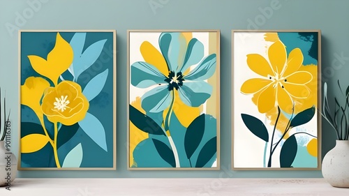 Three floral modern abstract wall art posters in teal and yellow tones