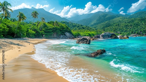 Fototapeta Naklejka Na Ścianę i Meble -  Parque Nacional Natural Tayrona (Colombia): Featuring pristine beaches, lush jungles, and ancient ruins, this park offers a diverse and picturesque landscape