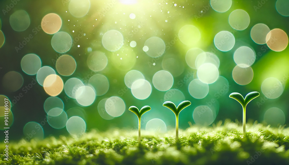 Obraz premium 命の芽生え 若葉 苔 緑 自然 光 生命 成長 森林 環境 エコ 木漏れ日 フレッシュ 小さな植物 春 新緑 森 森林浴 希望 平和 植物