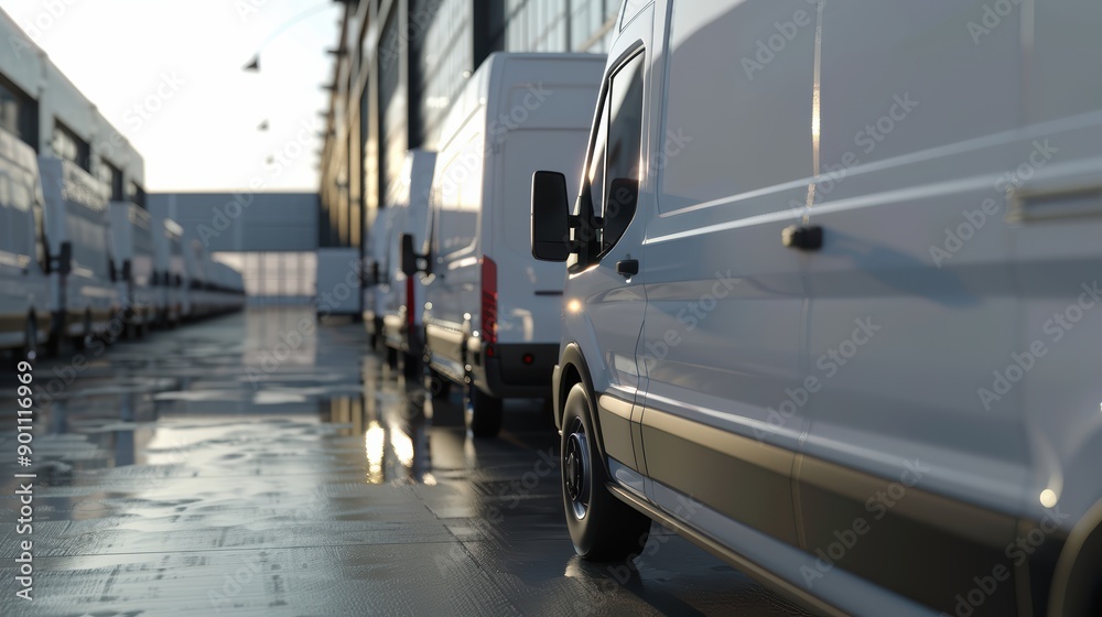 Fleet of delivery vans is parked outside a logistics center, awaiting loading and distribution. The image evokes efficiency and the scale of modern logistics operations Fleet of delivery vans is parked outside a logistics center, awaiting loading and distribution. The image evokes efficiency and the scale of modern logistics operations