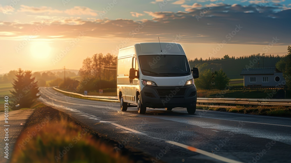 White delivery van driving on a country road at sunrise, transporting goods across the country. The van represents the efficiency of modern logistics and the importance of timely deliveries