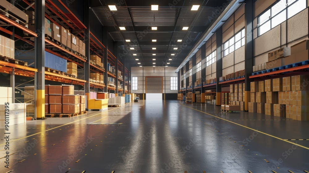 Sunlight streaming through the windows of a large industrial warehouse illuminates shelves stocked with goods and boxes Sunlight streaming through the windows of a large industrial warehouse illuminates shelves stocked with goods and boxes