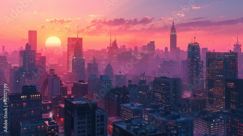 Spectacular Sunset Over Urban Skyline Highlighting Iconic Buildings and Vibrant Colors in a Major City. Generative AI