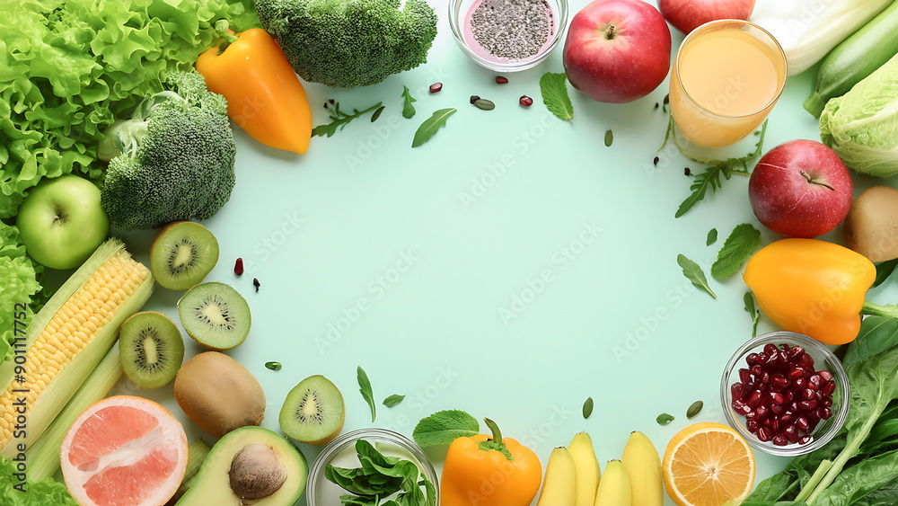Fresh Fruits and Vegetables Arranged in a Circle with a Light Blue Background Fresh Fruits and Vegetables Arranged in a Circle with a Light Blue Background