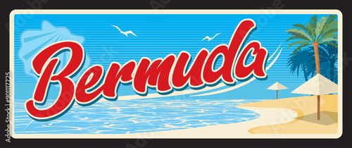 Bermuda british regions plate, vector tin sign. UK province or Britain land welcome metal plate with landmark, region map and coastline with sandy beach, palm trees and umbrellas, sea view