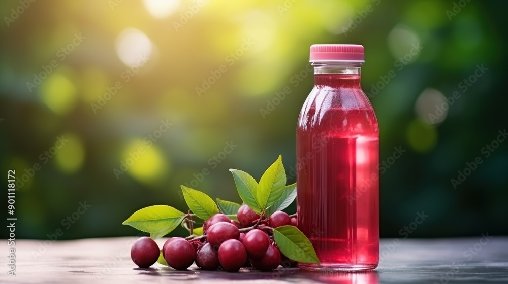 Refreshing Cherry Juice Bottle with Ripe Cherries and Green Leaves Refreshing Cherry Juice Bottle with Ripe Cherries and Green Leaves
