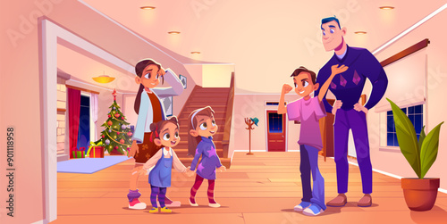 Happy smiling children and man in home hall room interior with entrance door and window, stairs and decorated Christmas tree in back. Cartoon vector illustration of winter xmas holiday family party.