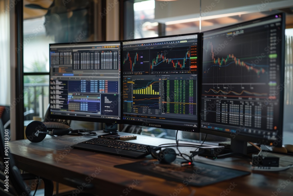 Three Monitors Displaying Stock Market Data on a Desk