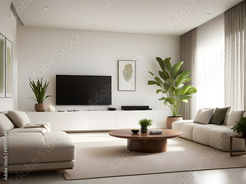 Soft white wall background, contemporary living room with a streamlined TV cabinet.