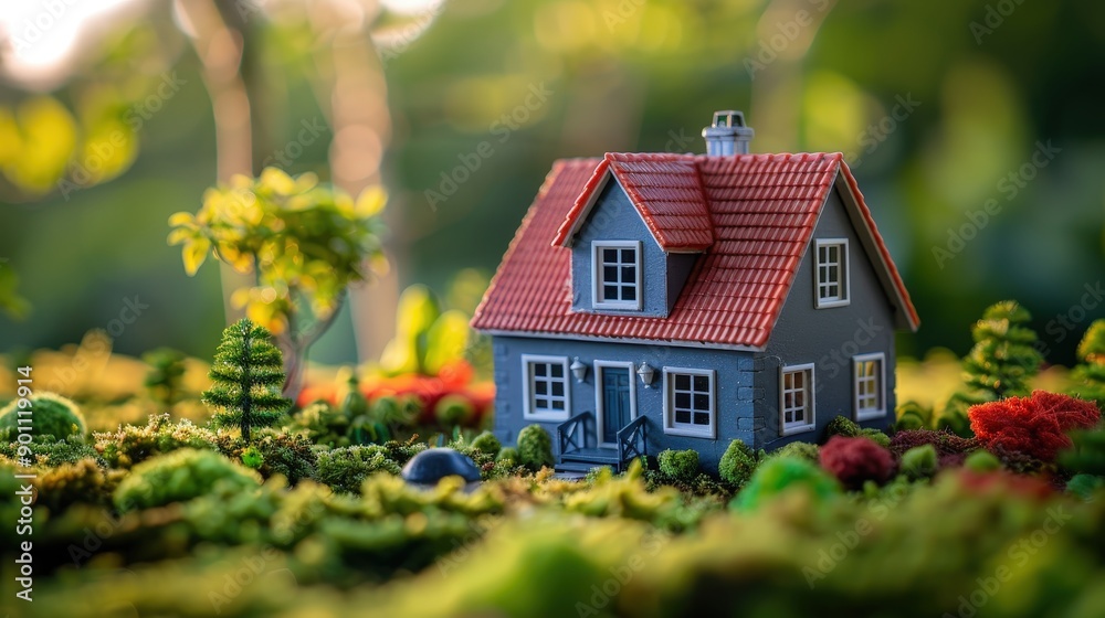 Miniature House Surrounded by Lush Greenery in a Serene Garden Setting. Generative AI Miniature House Surrounded by Lush Greenery in a Serene Garden Setting. Generative AI
