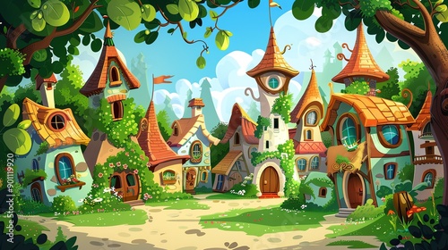 A cartoon illustration of a whimsical village with colorful houses and a tower.