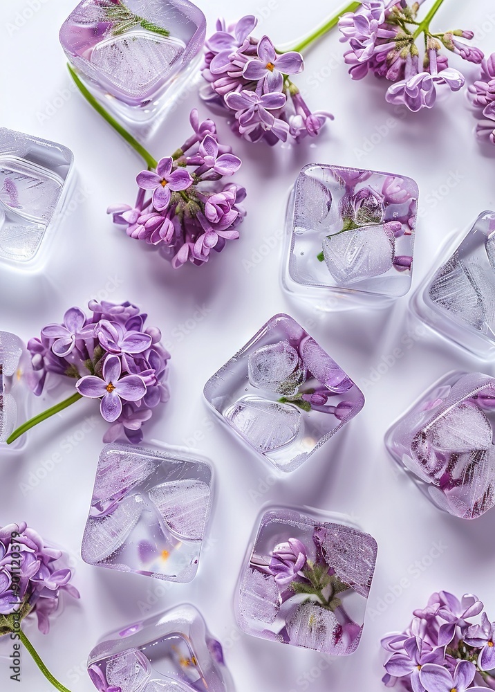 Naklejka premium A collection of ice cubes topped with purple flowers on a white table surrounded by ice cubes