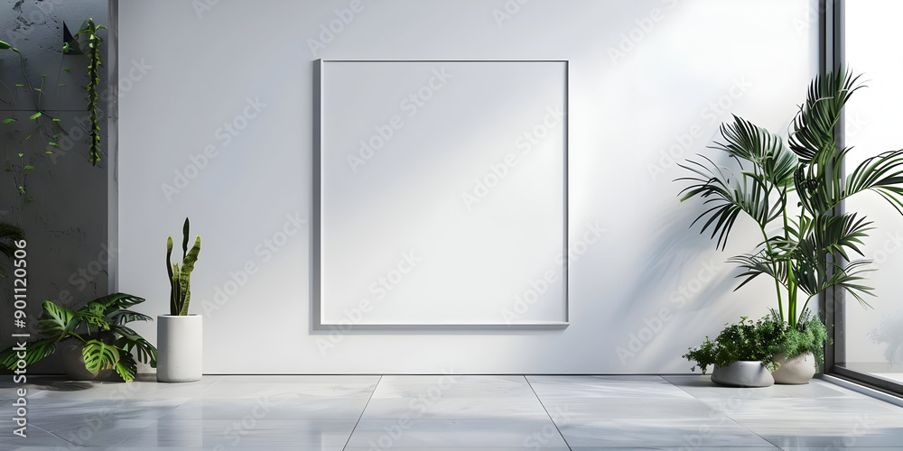 Minimalist interior with blank white canvas on wall, surrounded by green plants, and large window. Perfect for custom designs or art displays.