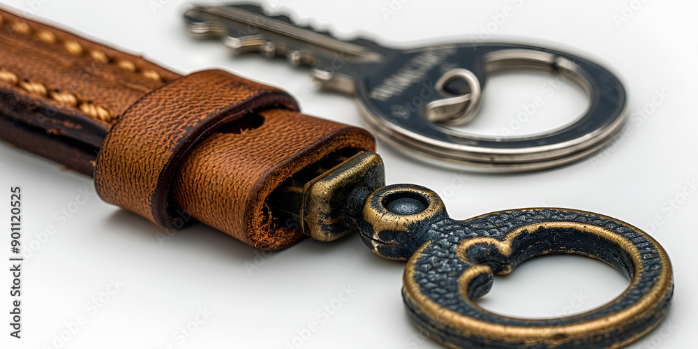 A key and key chain attached to a leather key ring. A key and key chain attached to a leather key ring.
