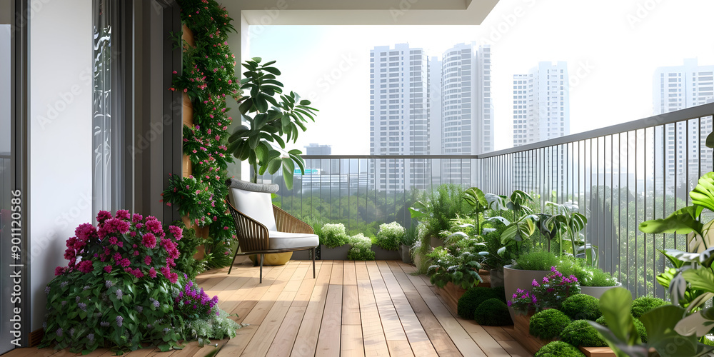 Fototapeta premium Modern balcony garden with lush plants, flowers, and wooden decking, overlooking urban skyscrapers, perfect for outdoor relaxation.