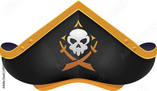 Cartoon pirate hat, corsair captain tricorn adorned with Jolly Roger skull and crossed sabers emblem. Isolated vector buccaneer cocked cap, swashbuckling rover headwear, piracy swashbuckler headgear