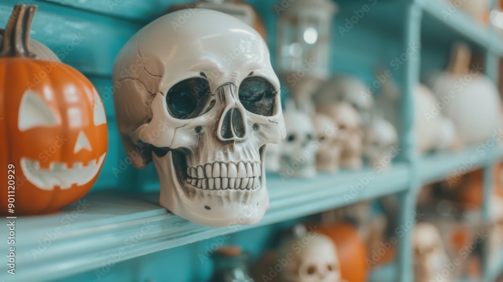 Close-up of a skull and jack-o'-lantern decorations on a shelf, creating a spooky Halloween setting with blue tones. Close-up of a skull and jack-o'-lantern decorations on a shelf, creating a spooky Halloween setting with blue tones.