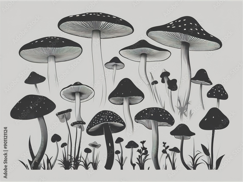 Illustration of various black silhouette mushrooms, vector, white background. Illustration of various black silhouette mushrooms, vector, white background.