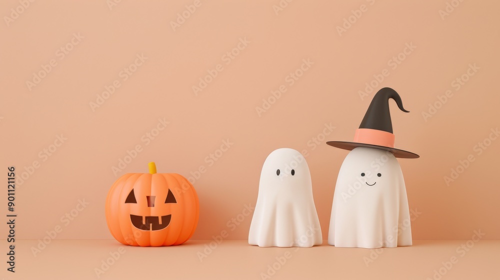 Minimalist Halloween decorations featuring two ghosts and a jack-o'-lantern on a soft peach background, creating a playful atmosphere. Minimalist Halloween decorations featuring two ghosts and a jack-o'-lantern on a soft peach background, creating a playful atmosphere.