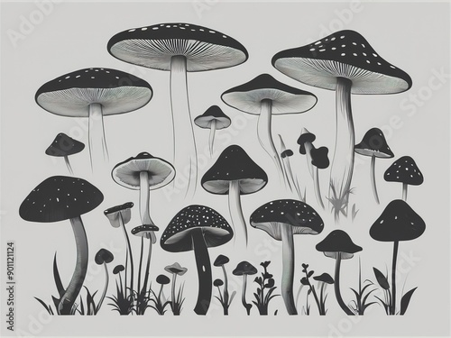 Illustration of various black silhouette mushrooms, vector, white background.