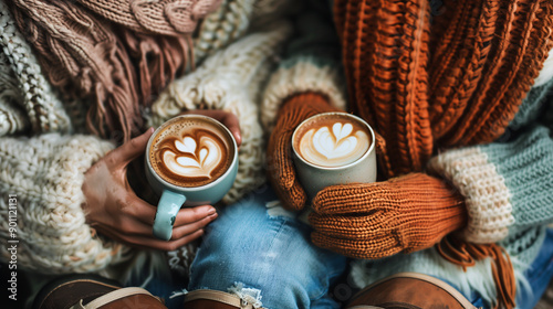 Couple of individuals wearing warm and cozy autumn outfit holding and enjoying a cup of warm coffee photo
