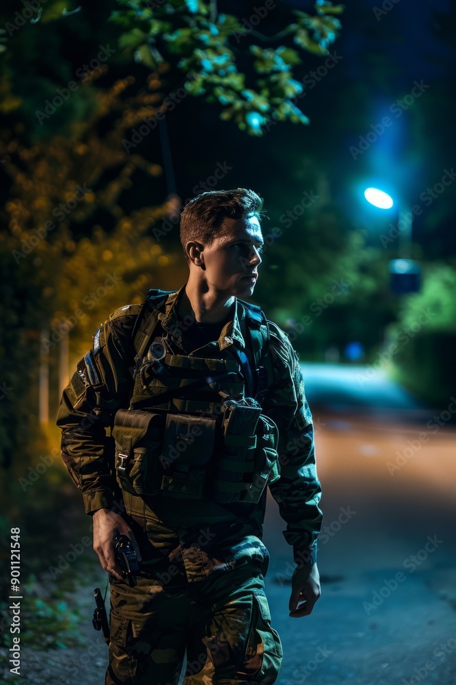 Portrait of a private guard walking a patrol route at night, Generative AI Portrait of a private guard walking a patrol route at night, Generative AI