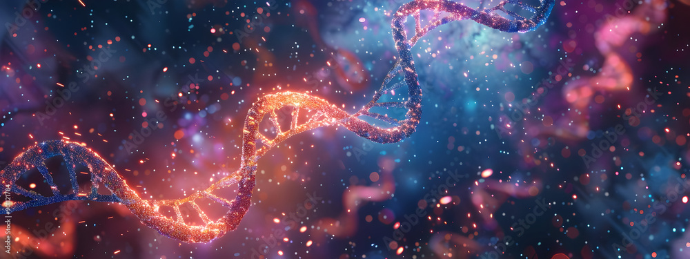 Vivid depiction of DNA strands in a cosmic background, showcasing the intricate beauty and complexity of genetics and molecular biology. Vivid depiction of DNA strands in a cosmic background, showcasing the intricate beauty and complexity of genetics and molecular biology.