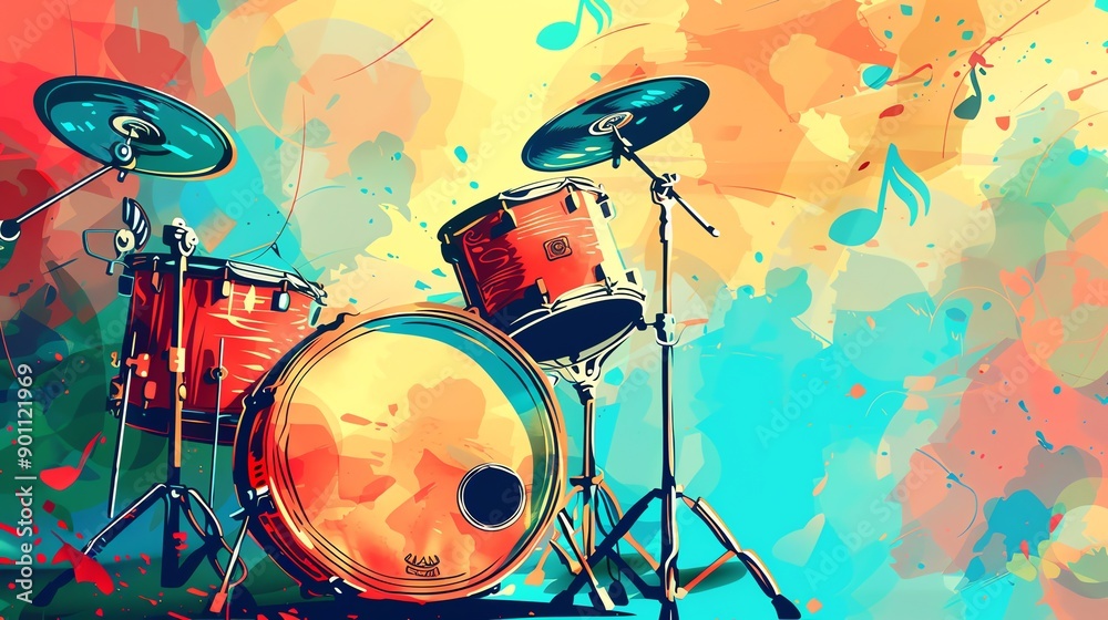 A cartoon illustration of a drum set against a colorful, abstract background with music notes. A cartoon illustration of a drum set against a colorful, abstract background with music notes.