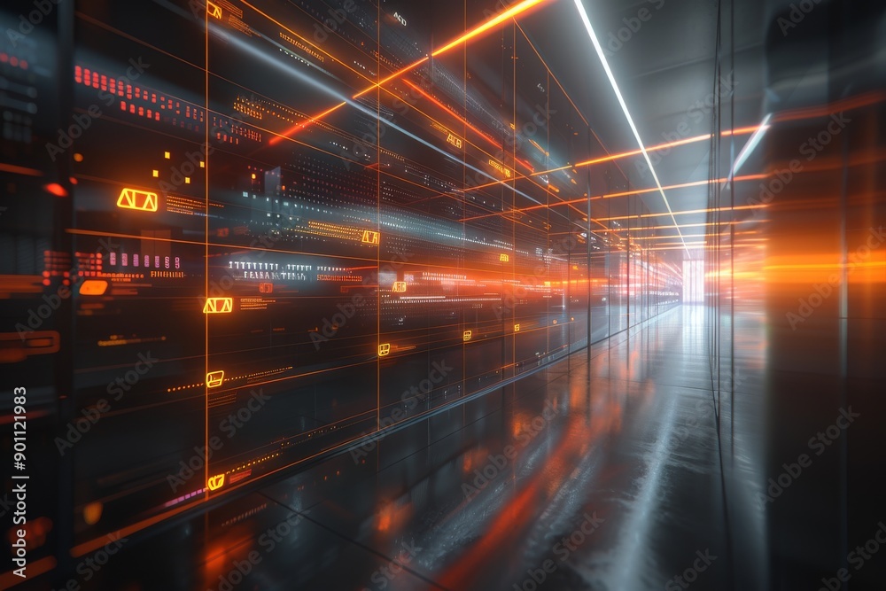 Abstract Digital Highway with Glowing Orange Lights Representing Speed and Connectivity