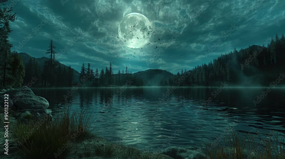 Enchanting lake illuminated by the full moon on a serene fantasy night ...