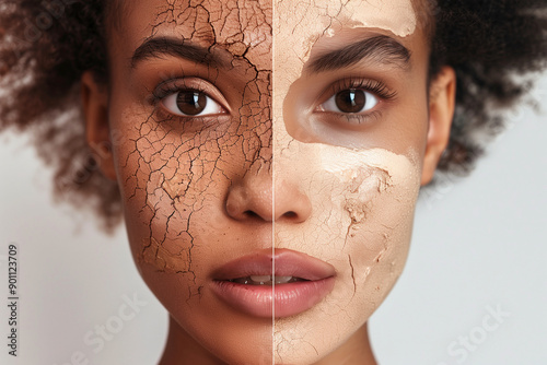 woman's face is shown with two different skin conditions, one with dry, cracked skin and the other with smooth, clear skin